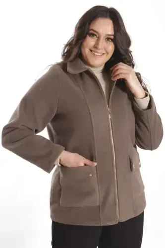 Trend42plus Plus Size Pocket Detailed Zippered Mink Cashmere Coat - 1