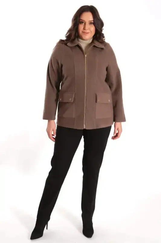Trend42plus Plus Size Pocket Detailed Zippered Mink Cashmere Coat - 4