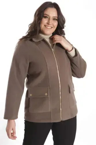 Trend42plus Plus Size Pocket Detailed Zippered Mink Cashmere Coat - 5