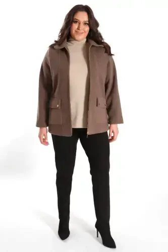 Trend42plus Plus Size Pocket Detailed Zippered Mink Cashmere Coat - BÜYÜKBEDENIZ (1)