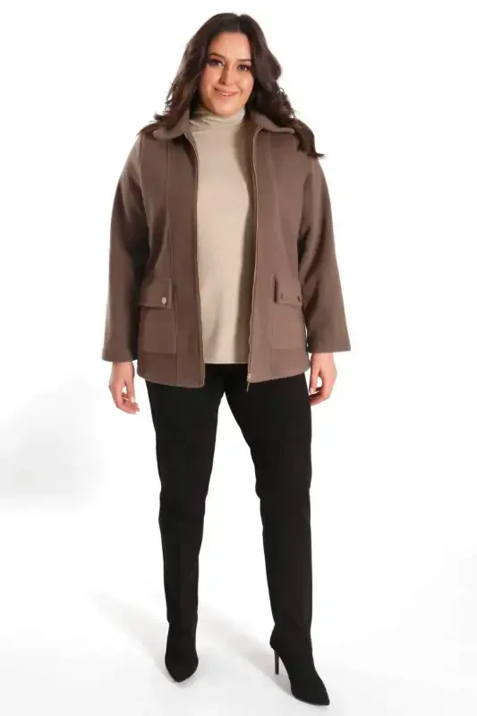 Trend42plus Plus Size Pocket Detailed Zippered Mink Cashmere Coat - 2