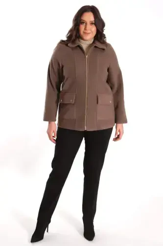 Trend42plus Plus Size Pocket Detailed Zippered Mink Cashmere Coat - 4