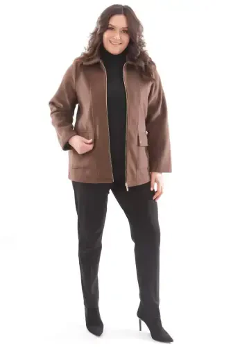 Trend42plus Plus Size Pocket Flap Zippered Brown Wool Coat - BÜYÜKBEDENIZ (1)
