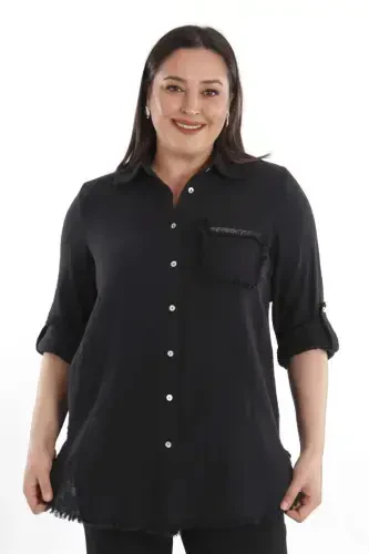 Trend42plus Plus Size Pocket Stone Printed Skirt Fringed Muslin Black Shirt - 1