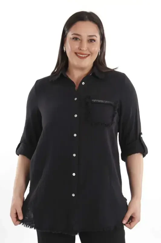 Trend42plus Plus Size Pocket Stone Printed Skirt Fringed Muslin Black Shirt - BÜYÜKBEDENIZ