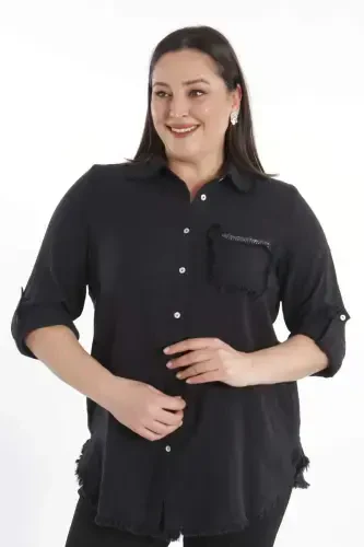 Trend42plus Plus Size Pocket Stone Printed Skirt Fringed Muslin Black Shirt - 4