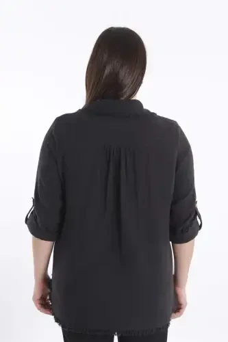 Trend42plus Plus Size Pocket Stone Printed Skirt Fringed Muslin Black Shirt - 5