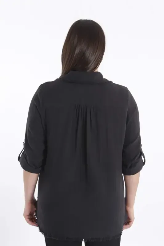 Trend42plus Plus Size Pocket Stone Printed Skirt Fringed Muslin Black Shirt - 5