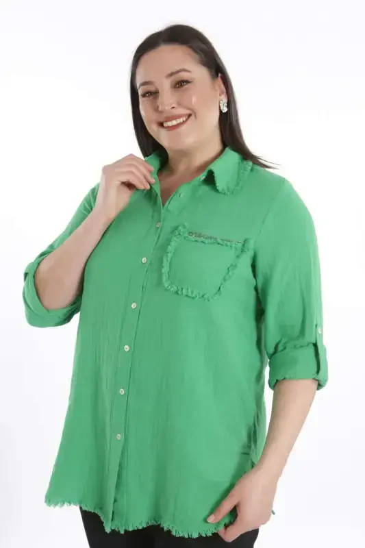 Trend42plus Plus Size Pocket Stone Printed Skirt Fringed Muslin Green Shirt - BÜYÜKBEDENIZ