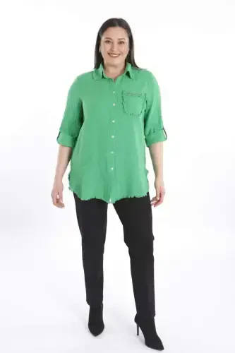 Trend42plus Plus Size Pocket Stone Printed Skirt Fringed Muslin Green Shirt - BÜYÜKBEDENIZ (1)