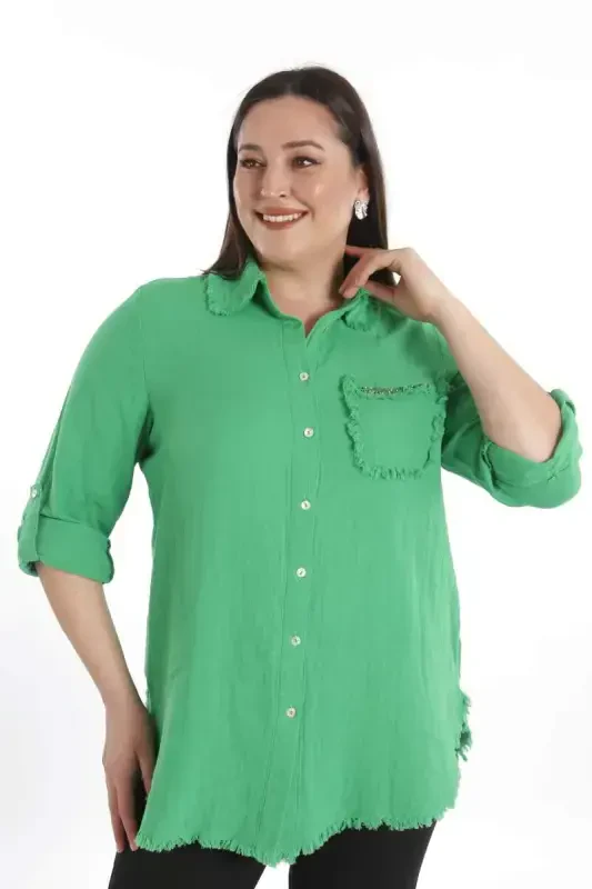 Trend42plus Plus Size Pocket Stone Printed Skirt Fringed Muslin Green Shirt - 3