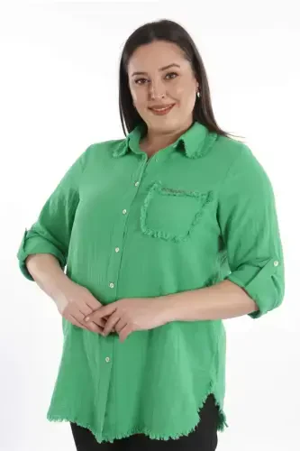 Trend42plus Plus Size Pocket Stone Printed Skirt Fringed Muslin Green Shirt - 5