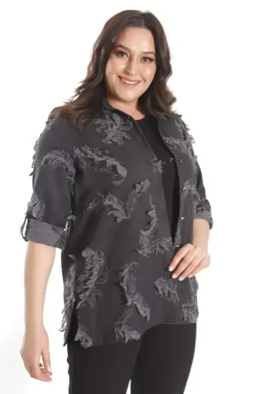Trend42plus Plus Size Self-Patterned Black Shirt - BÜYÜKBEDENIZ
