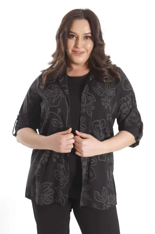 Trend42plus Plus Size Self-Patterned Black Two Piece Set - BÜYÜKBEDENIZ