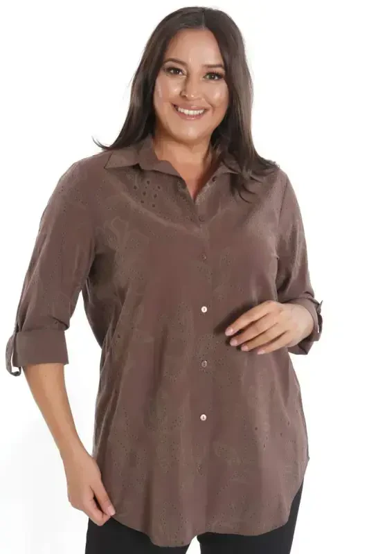 Trend42plus Plus Size Self-Patterned Brown Shirt - 1
