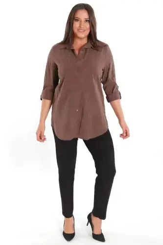 Trend42plus Plus Size Self-Patterned Brown Shirt - BÜYÜKBEDENIZ (1)
