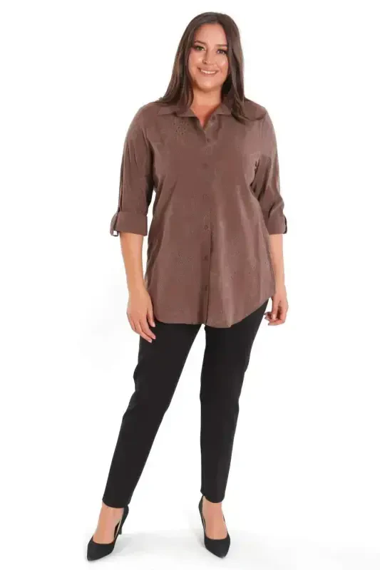 Trend42plus Plus Size Self-Patterned Brown Shirt - 4