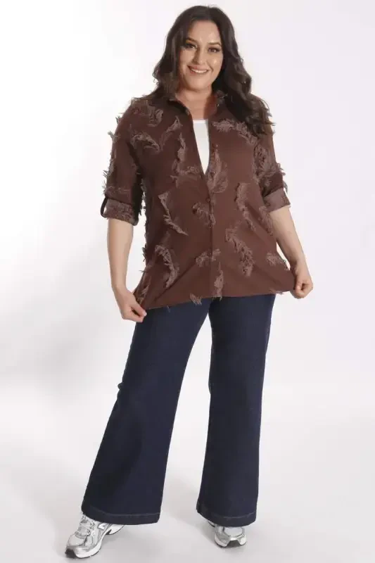 Trend42plus Plus Size Self-Patterned Brown Shirt - 2