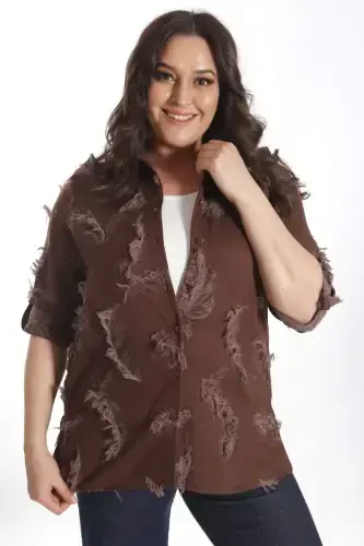 Trend42plus Plus Size Self-Patterned Brown Shirt - 3