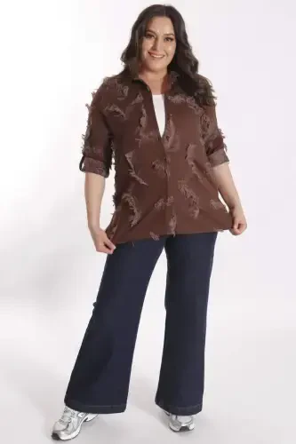 Trend42plus Plus Size Self-Patterned Brown Shirt - BÜYÜKBEDENIZ (1)