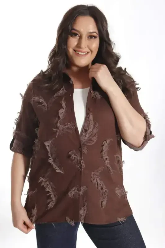 Trend42plus Plus Size Self-Patterned Brown Shirt - 3