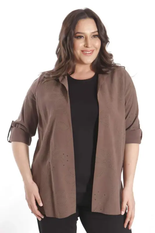 Trend42plus Plus Size Self-Patterned Brown Two Piece Set - 1
