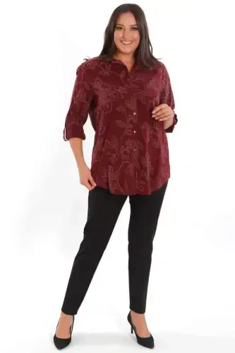 Trend42plus Plus Size Self-Patterned Burgundy Shirt - BÜYÜKBEDENIZ (1)