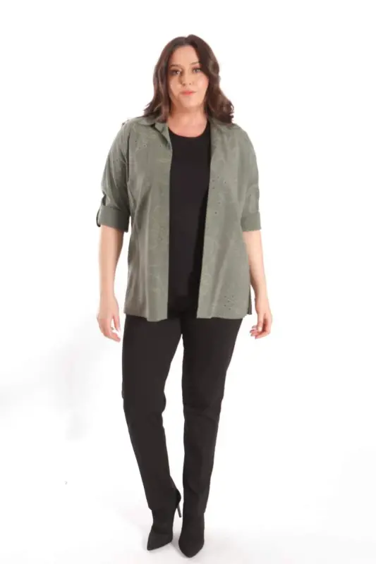 Trend42plus Plus Size Self-Patterned Khaki Two Piece Set - 2