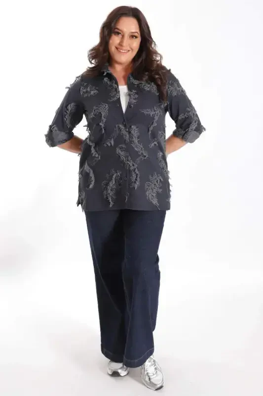 Trend42plus Plus Size Self-Patterned Navy Blue Shirt - 4