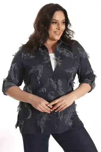 Trend42plus Plus Size Self-Patterned Navy Blue Shirt - 5