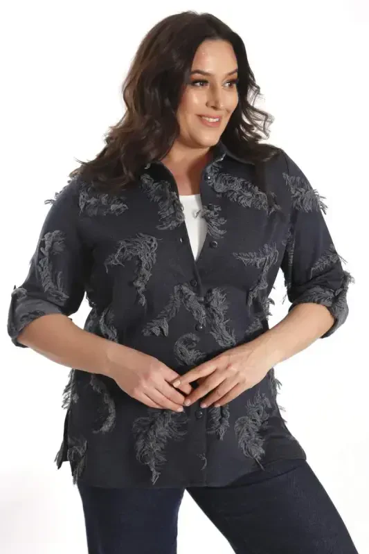 Trend42plus Plus Size Self-Patterned Navy Blue Shirt - 5