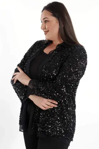 Trend42plus Plus Size Sequin Chiffon Detailed Evening Black Jacket - 6