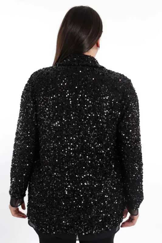 Trend42plus Plus Size Sequin Chiffon Detailed Evening Black Jacket - 7