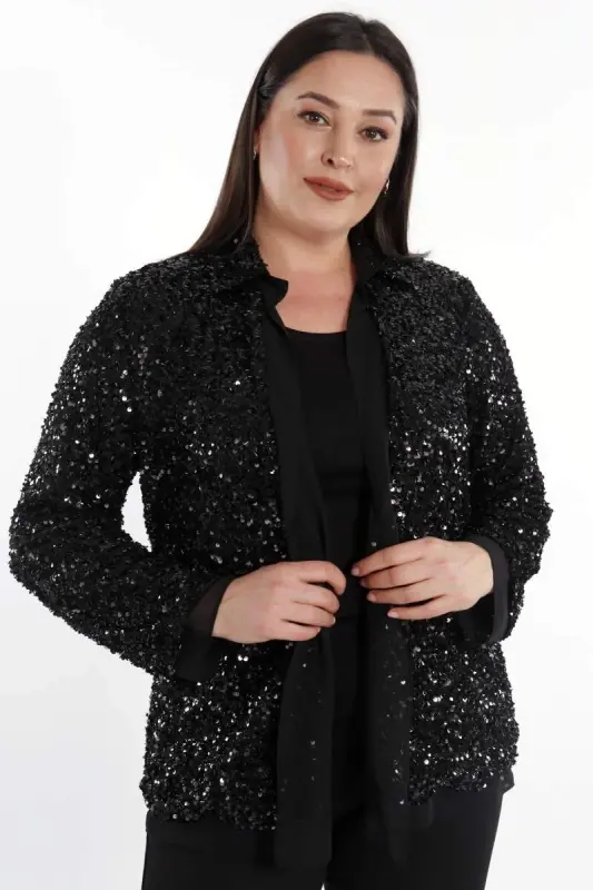 Trend42plus Plus Size Sequin Chiffon Detailed Evening Black Jacket - BÜYÜKBEDENIZ