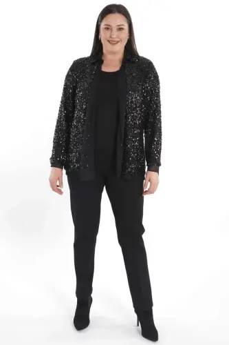 Trend42plus Plus Size Sequin Chiffon Detailed Evening Black Jacket - BÜYÜKBEDENIZ (1)