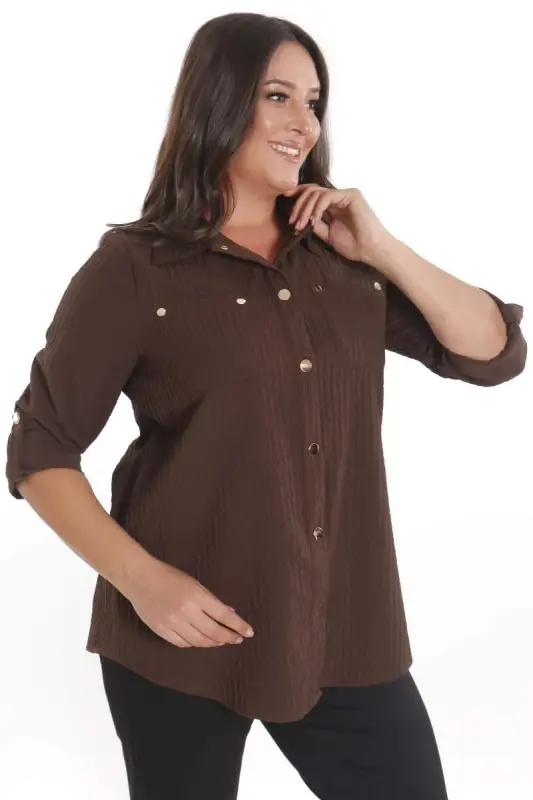 Trend42plus Plus Size Snap Button and Pocket Detailed Brown Shirt - BÜYÜKBEDENIZ