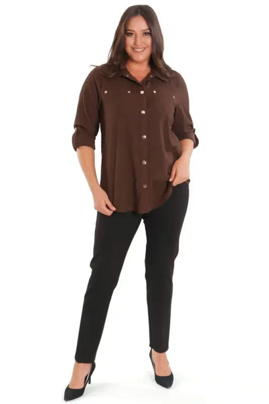 Trend42plus Plus Size Snap Button and Pocket Detailed Brown Shirt - 2