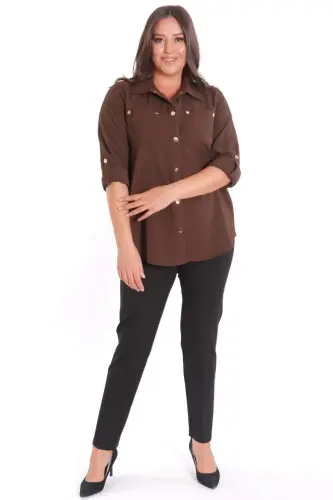 Trend42plus Plus Size Snap Button and Pocket Detailed Brown Shirt - 4