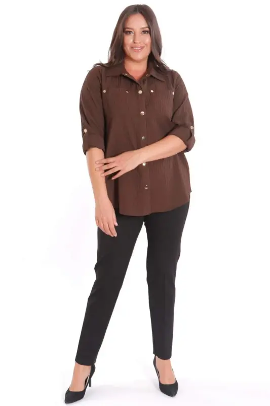 Trend42plus Plus Size Snap Button and Pocket Detailed Brown Shirt - 4