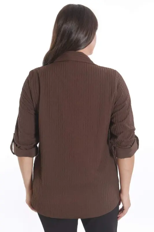 Trend42plus Plus Size Snap Button and Pocket Detailed Brown Shirt - 5