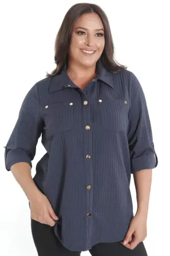 Trend42plus Plus Size Snap Button and Pocket Detailed Navy Blue Shirt - 1