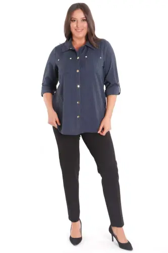 Trend42plus Plus Size Snap Button and Pocket Detailed Navy Blue Shirt - 2
