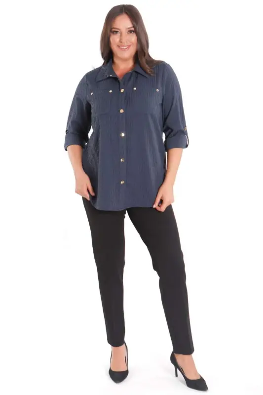 Trend42plus Plus Size Snap Button and Pocket Detailed Navy Blue Shirt - 2