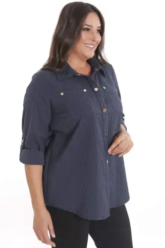 Trend42plus Plus Size Snap Button and Pocket Detailed Navy Blue Shirt - 3