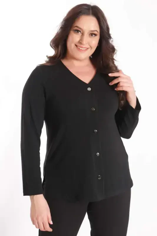 Trend42plus Plus Size Snap Button Black Cardigan - BÜYÜKBEDENIZ