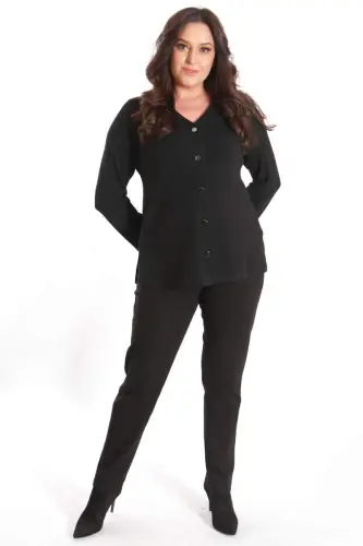 Trend42plus Plus Size Snap Button Black Cardigan - BÜYÜKBEDENIZ (1)