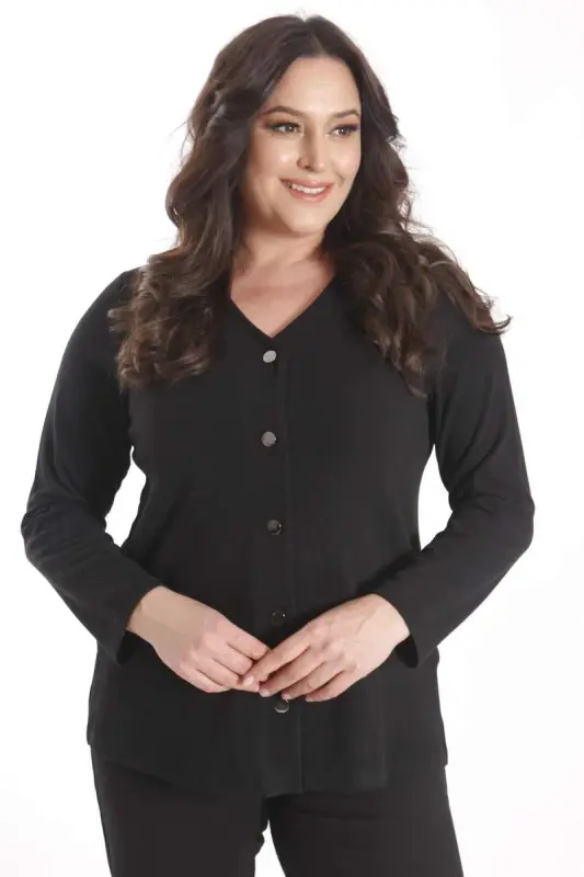 Trend42plus Plus Size Snap Button Black Cardigan - 3