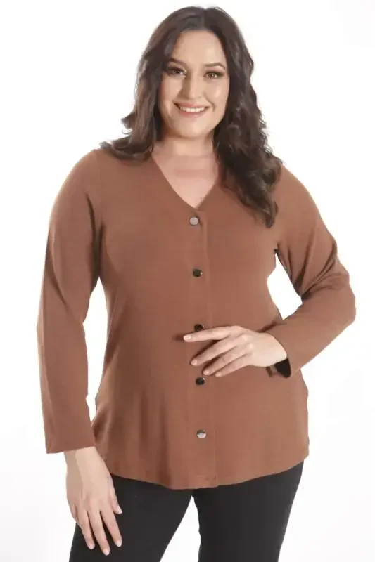 Trend42plus Plus Size Snap Button Brown Cardigan - BÜYÜKBEDENIZ
