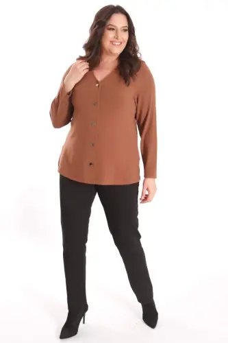 Trend42plus Plus Size Snap Button Brown Cardigan - BÜYÜKBEDENIZ (1)