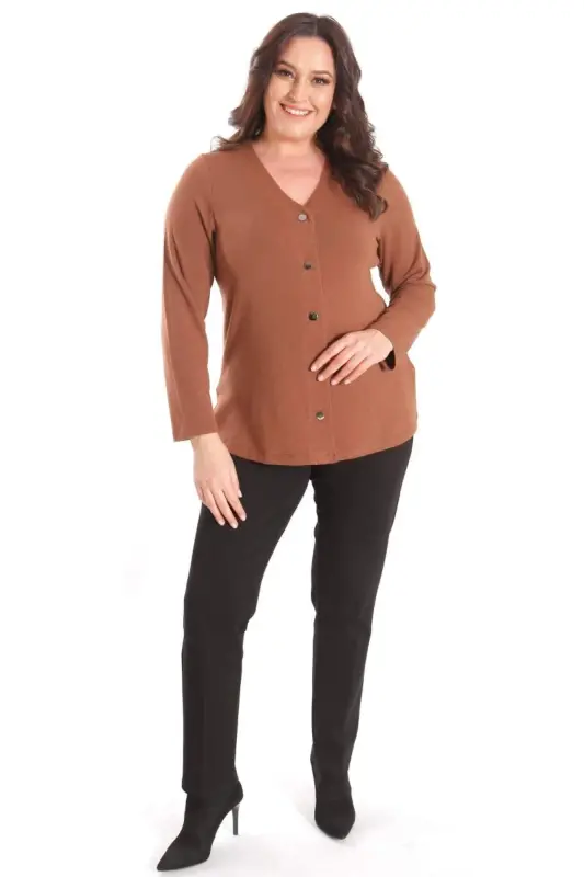 Trend42plus Plus Size Snap Button Brown Cardigan - 4